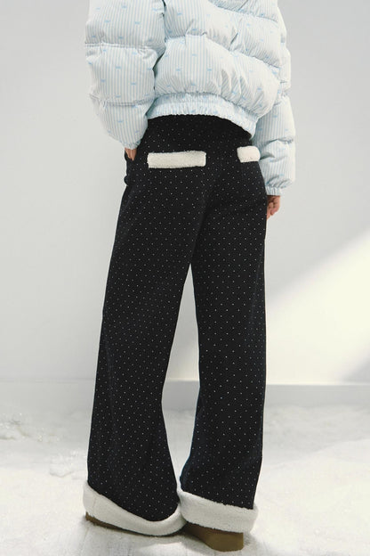 Dark Blue Polka Dot Patchwork Wide-Leg Jeans