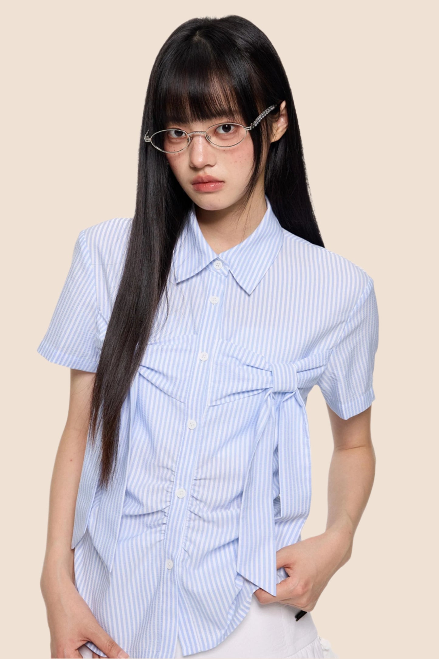 Light Blue Striped Bow Blouse