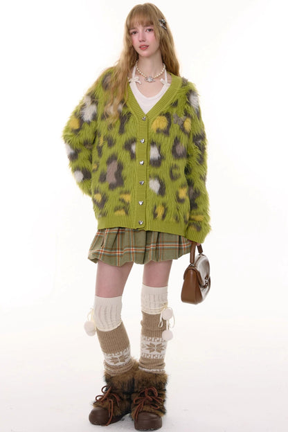 Autumn Glutinous Green Leopard Cardigan