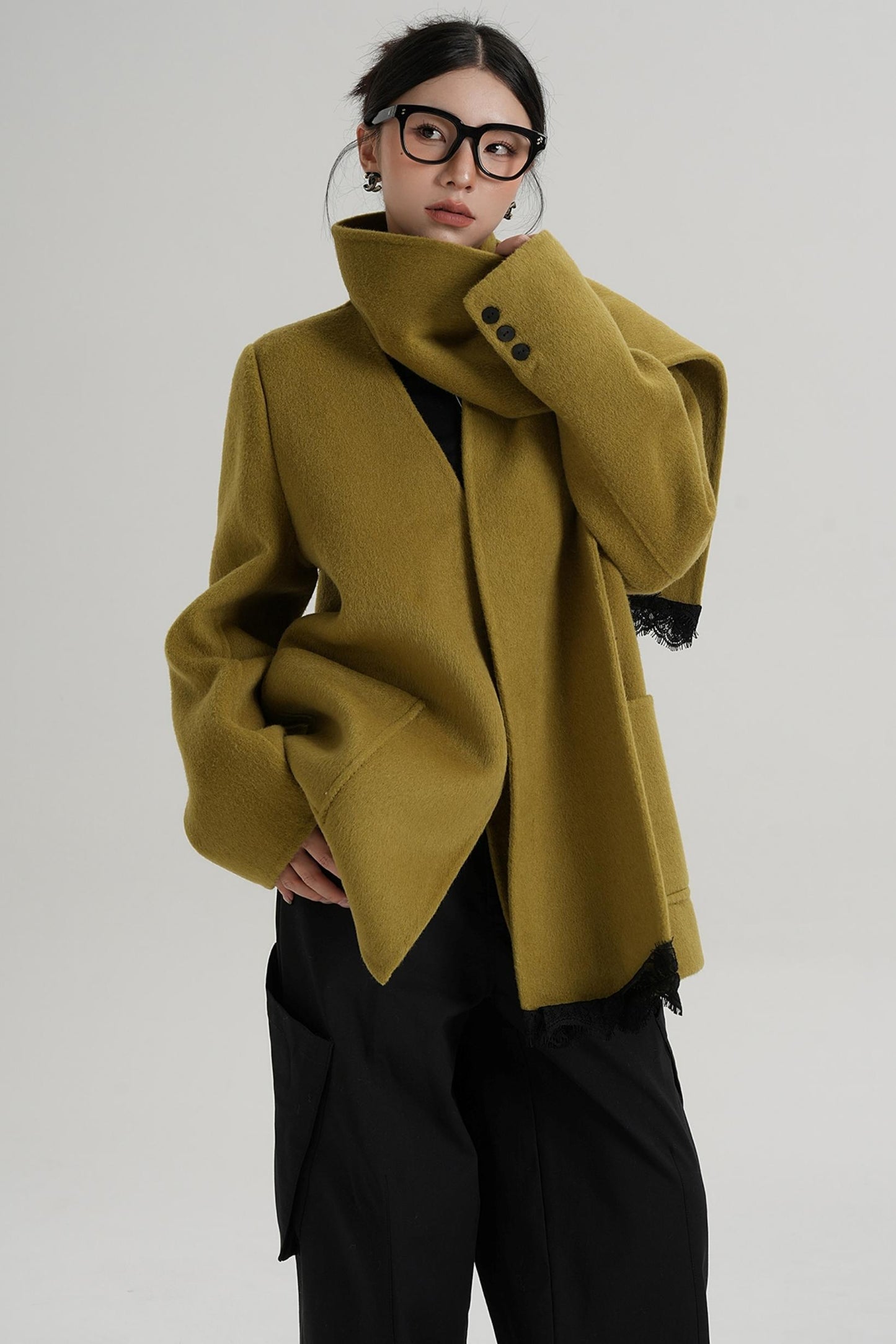 Scarf Patchwork Lace Woolen Coat