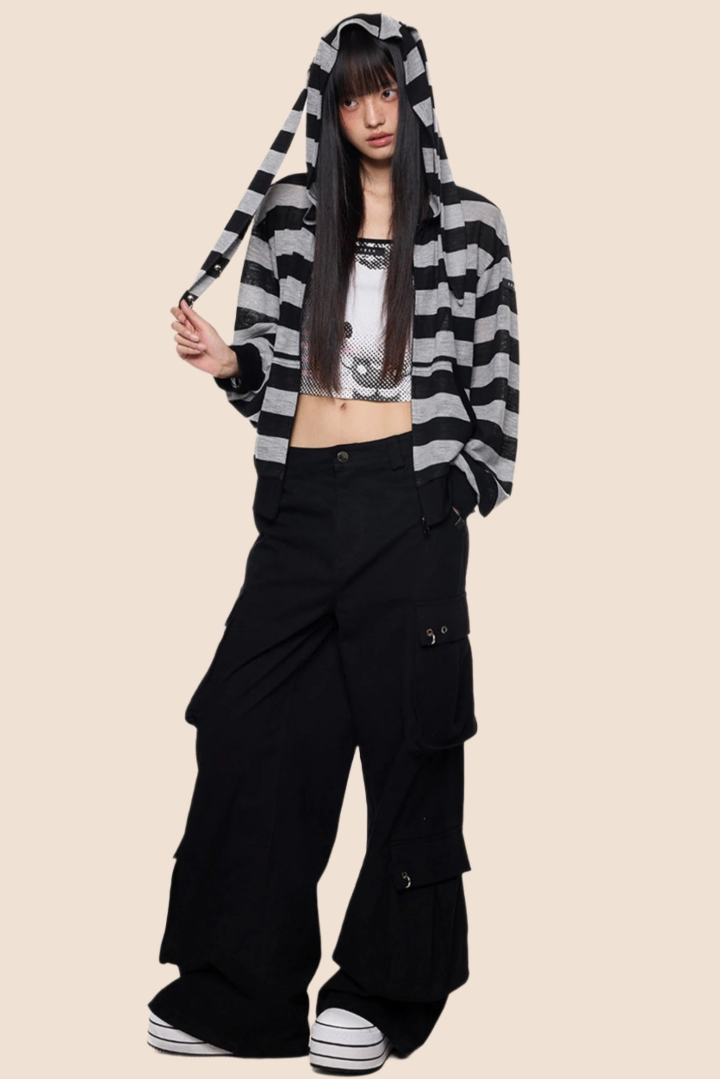 Rabbit Ears Stripe Hooded Long Sleeve Cardigan