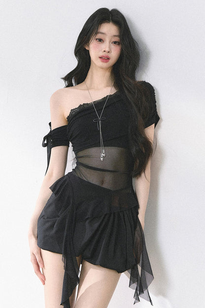 Sheer Mesh Off Shoulder T-Shirt