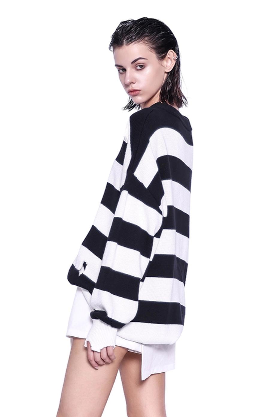 Black And White Striped Distressed Sweater