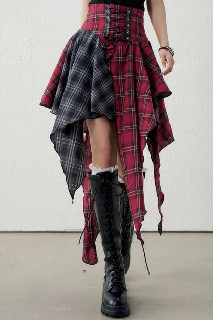 Irregular Plaid Patchwork Skirt