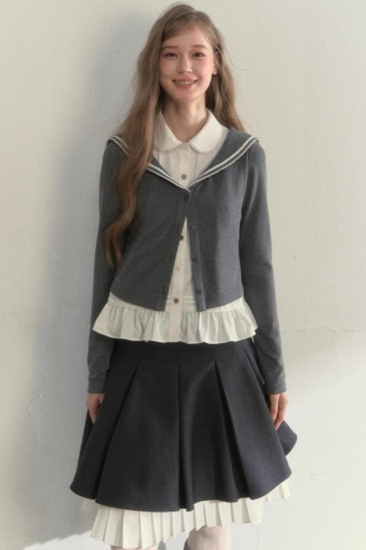 College Navy Collar Top & Skirt Set-Up