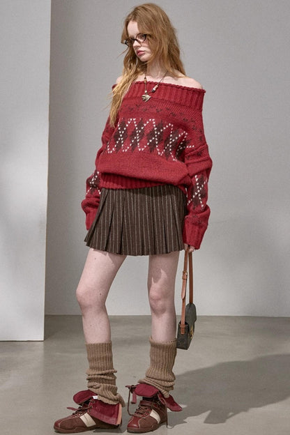 Thick Knit Argyle Off-Shoulder Sweater