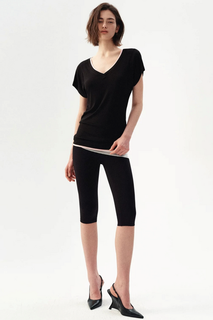 Minimalist Colorblock Deep V-Neck Wool Blend T-Shirt