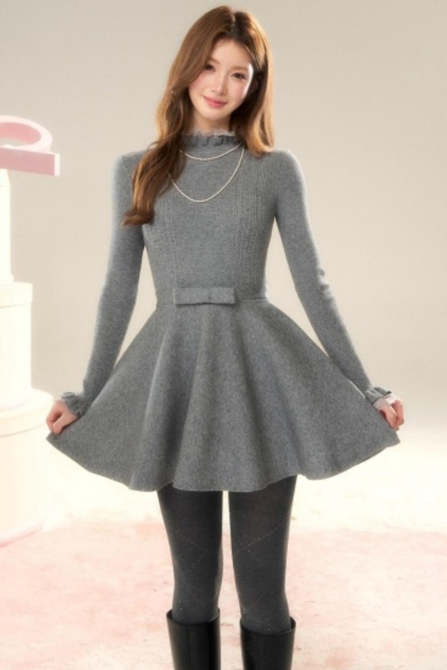 Lace High-Neck Knitted Dress