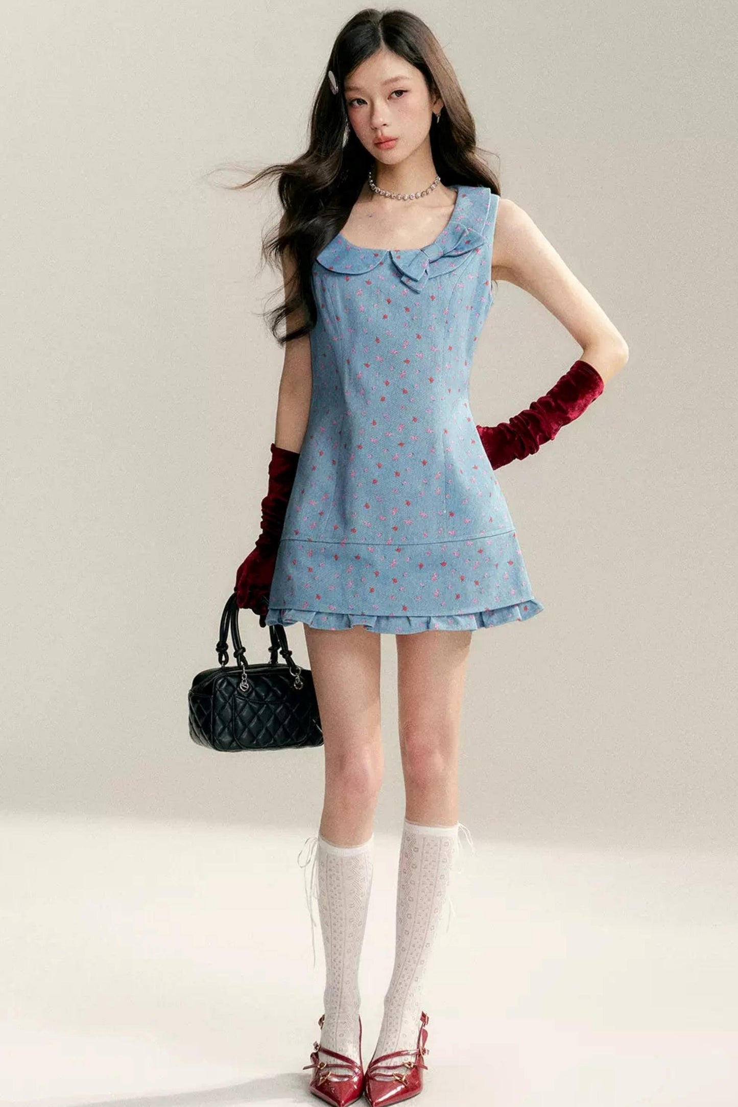 Contrast Floral Bow Collar Dress