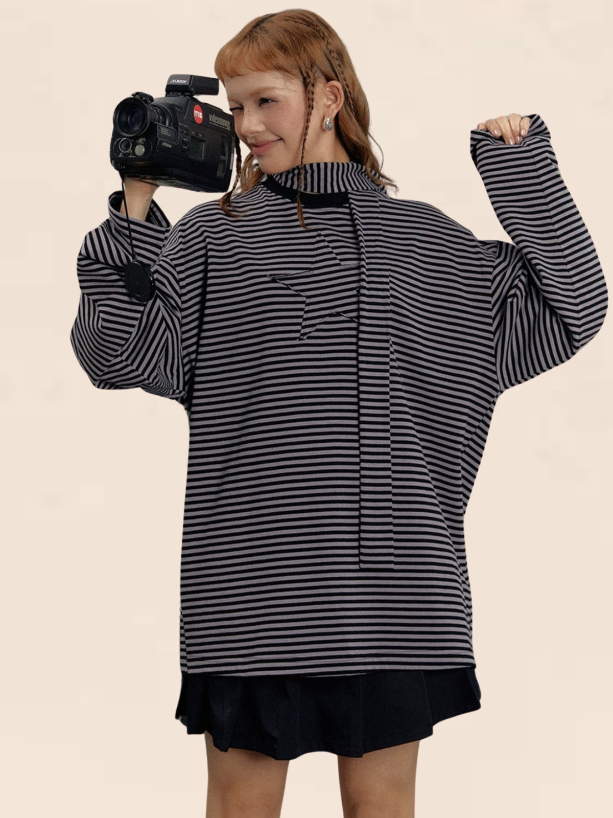 Half-Turtleneck Striped Long Sleeve T-Shirt