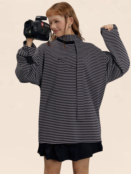 EZEK Star Streamer American Retro Half-Turtleneck Striped Long Sleeve T-Shirt Women's Loose Undershirt Tops Trendy