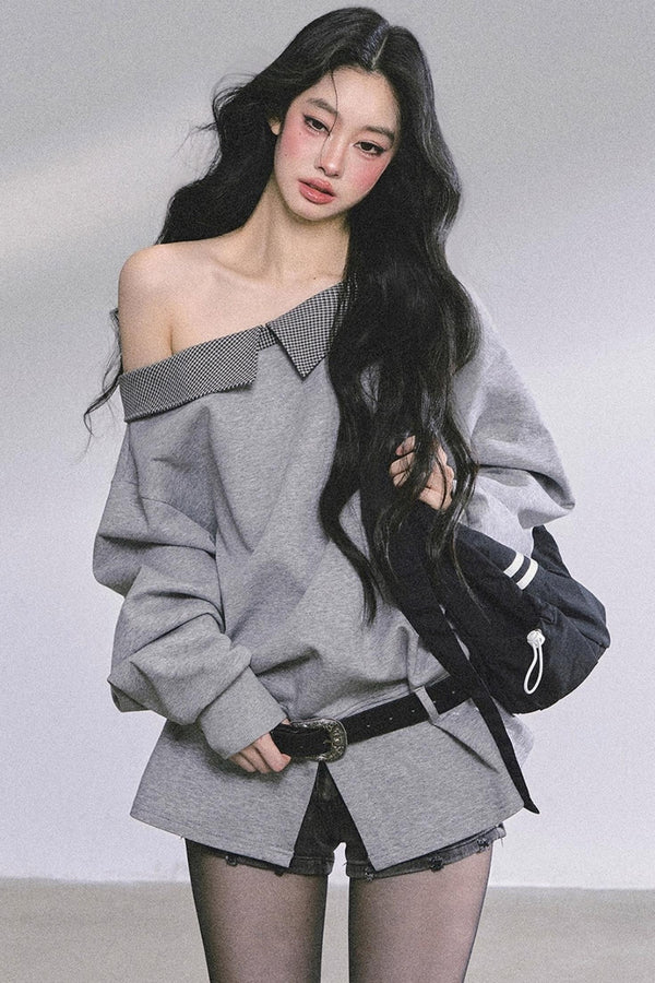 American Slanted Shoulder Plaid Sweatshirt