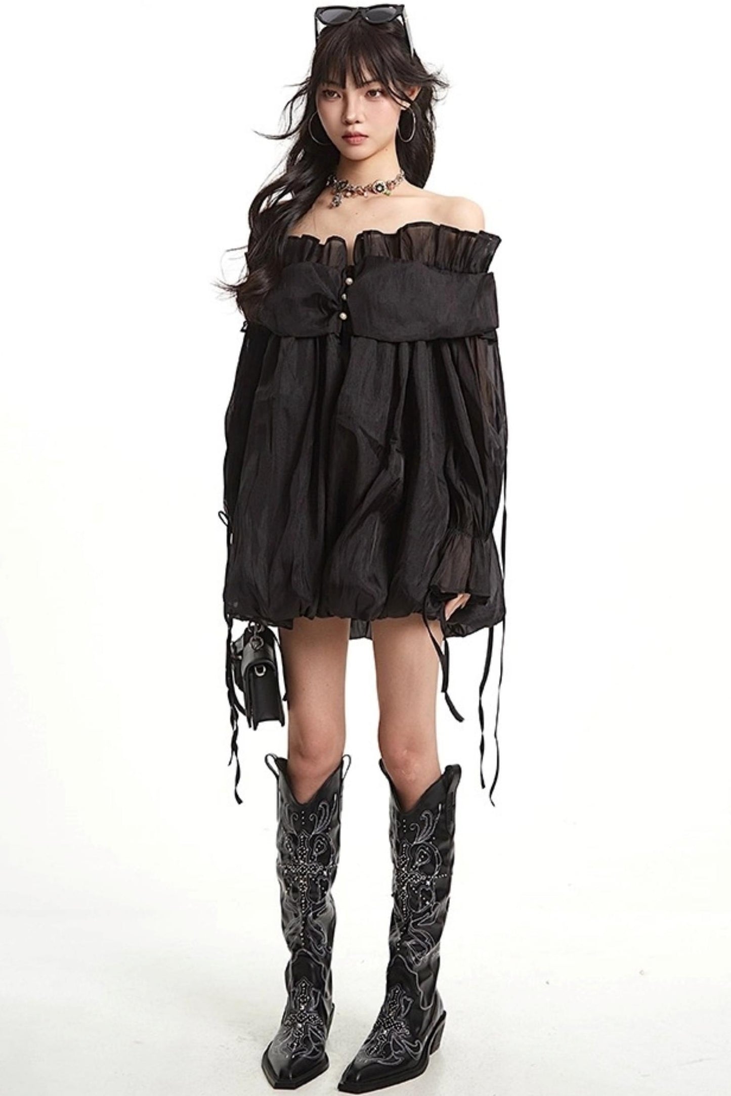 Mesh Ruffled Long Sleeve Dress