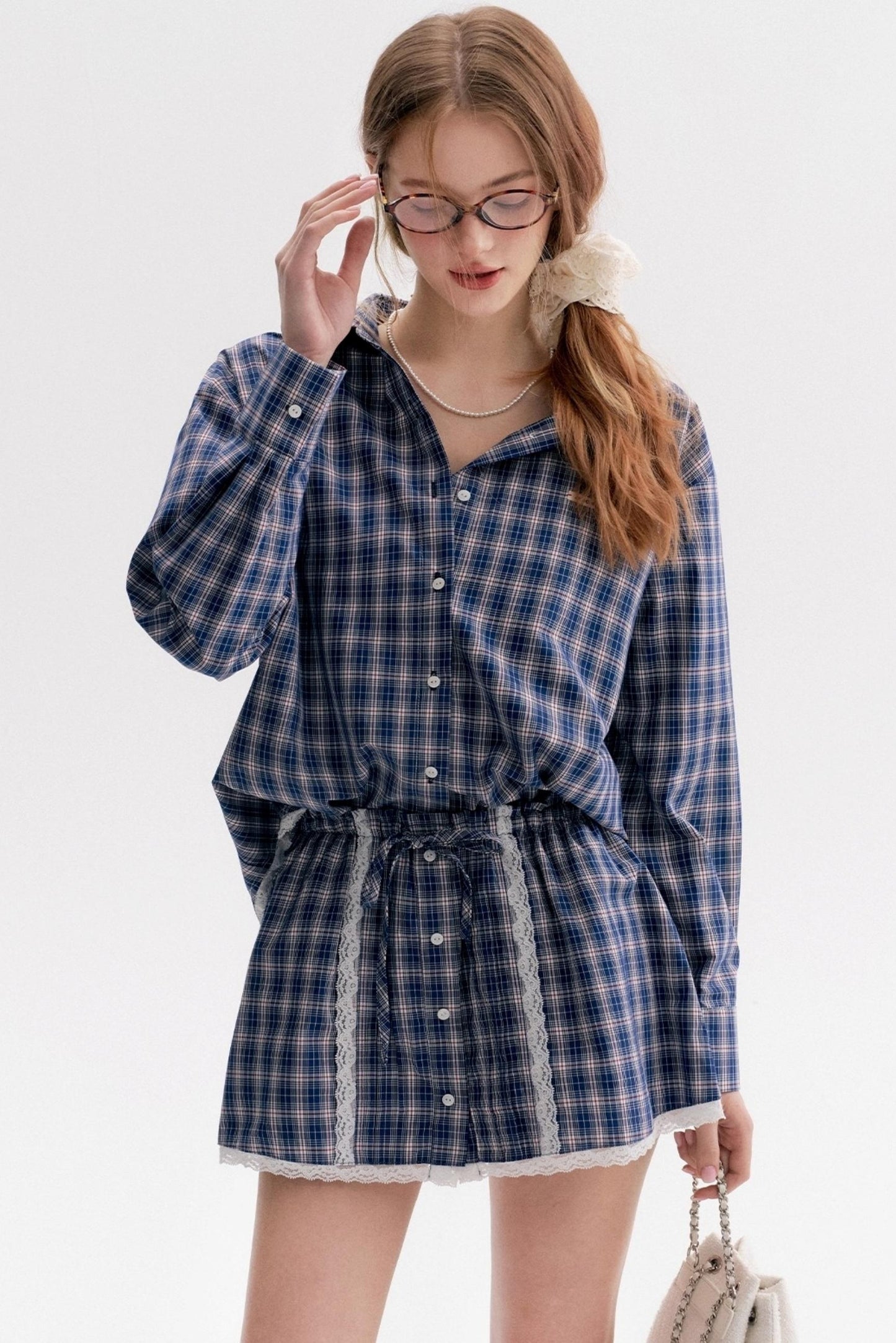 Lace Stitching Check Short Skirt