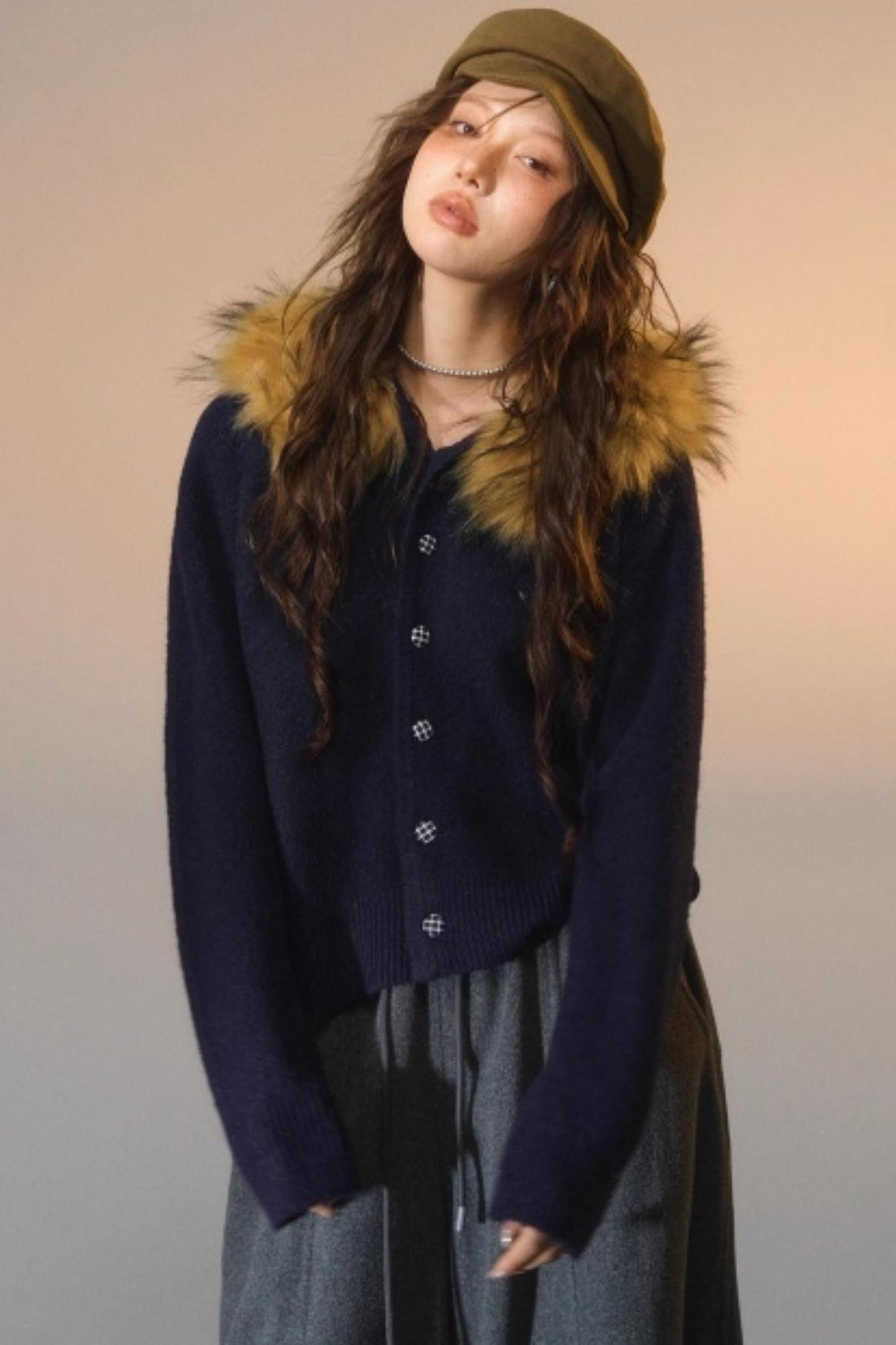 Detachable Fur Collar Cardigan