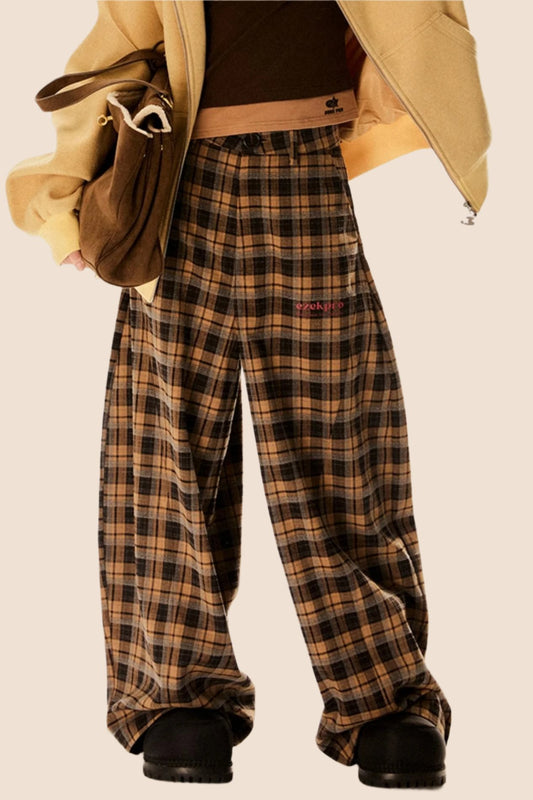 Casual Straight-Leg Plaid Pants