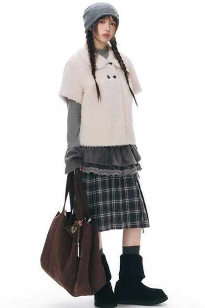 Double Waist Plaid Woolen Pleated Midskirt
