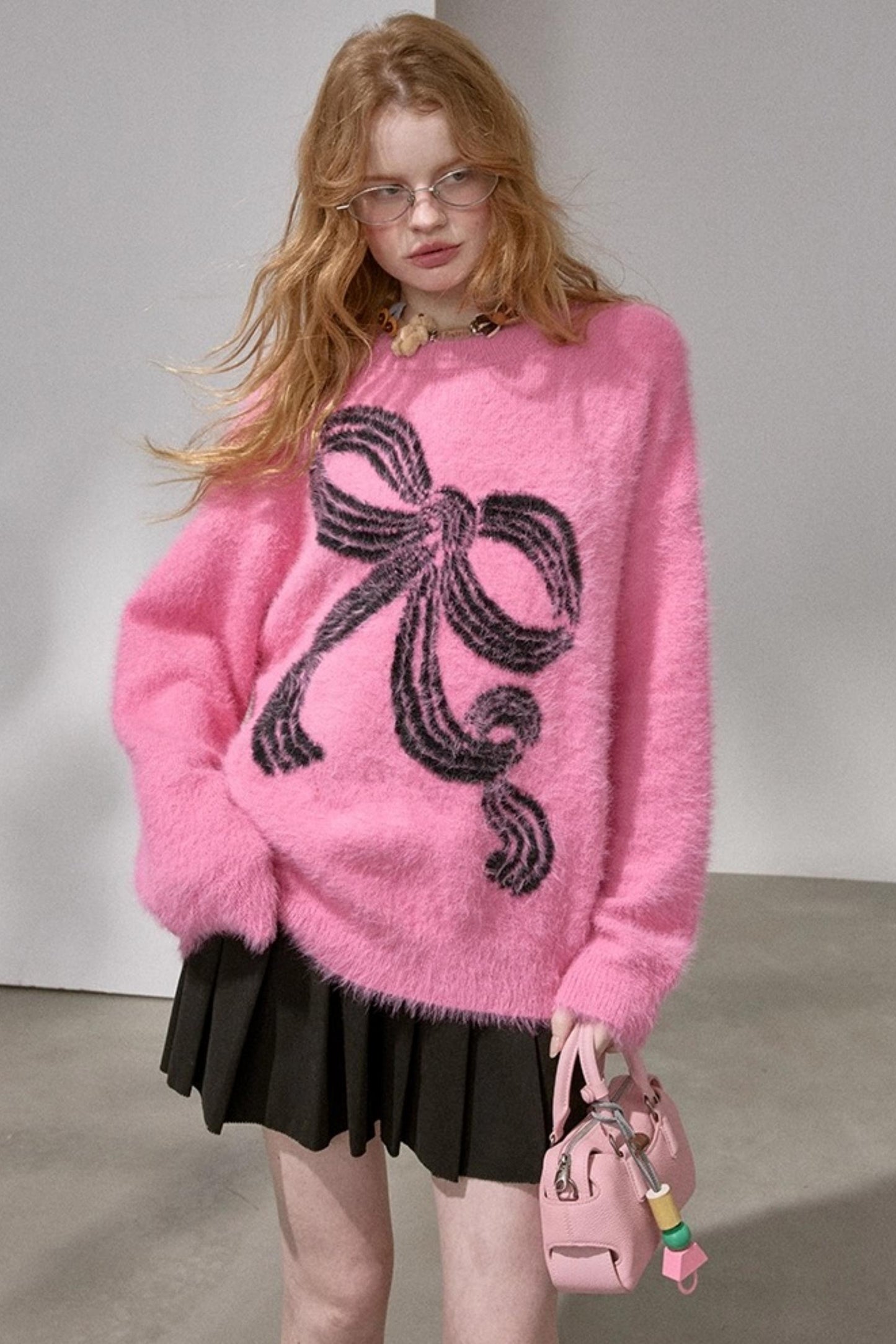 Striped Bow Faux Mink Sweater