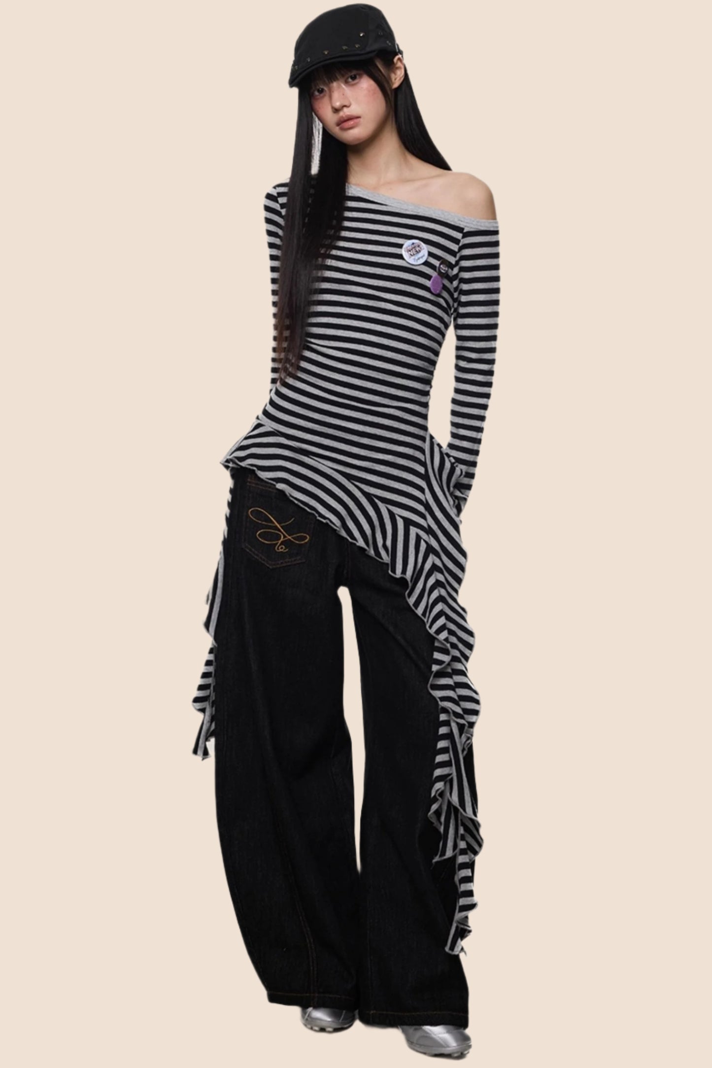 Tassel Detail Slanted Shoulder Top