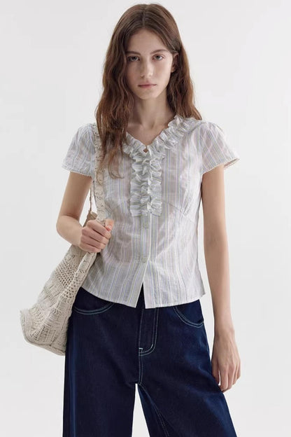 Color-Block Striped Ruffled Blouse