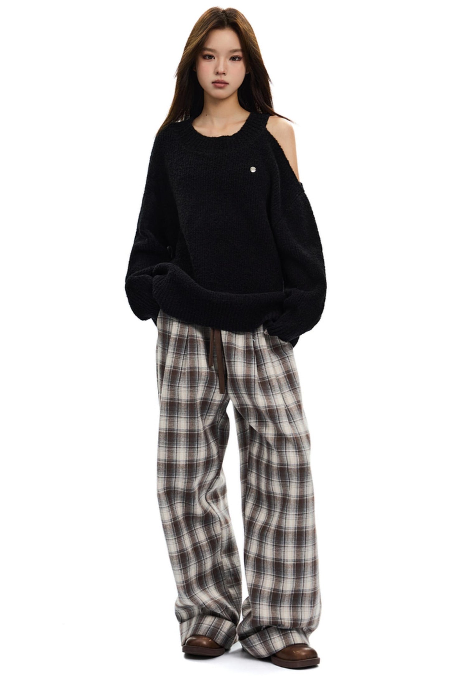 Brushed Plaid Elasticated Waist Pants