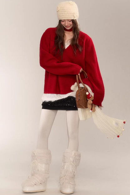 Asgony Red Retro Knit Sweater