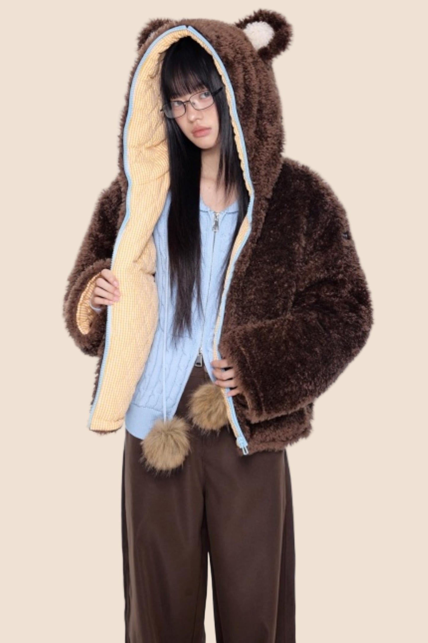 Ear-Flap Striped Faux Shearling Jacket