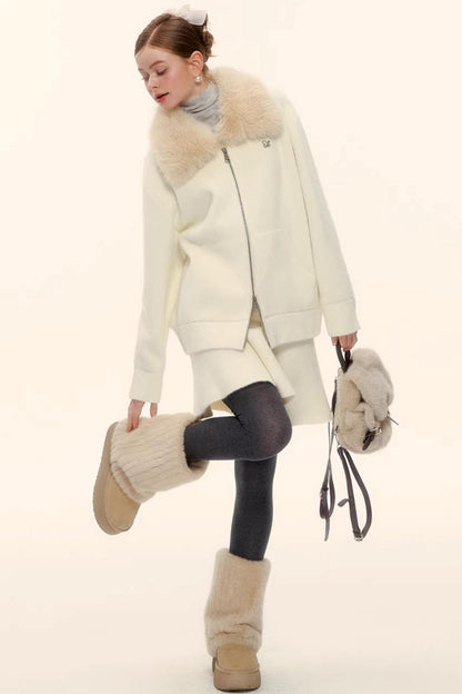 Wool Blend Lapel Fur Collar Coat Set-Up