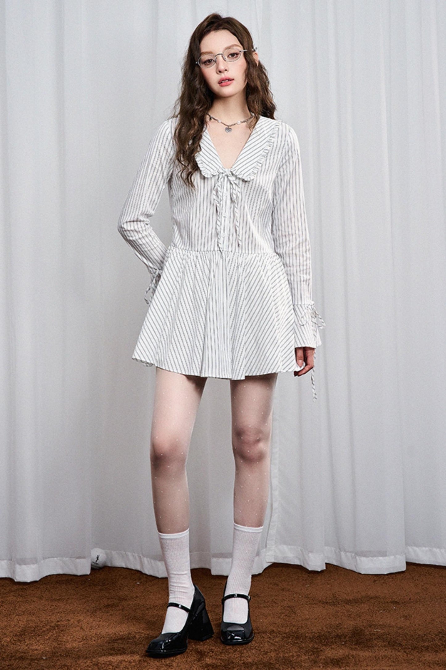 Striped Lace Bow Tie Long Sleeve Dress