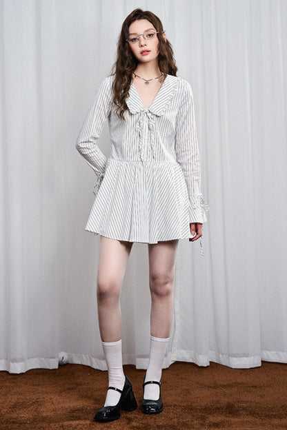 Striped Lace Bow Tie Long Sleeve Dress