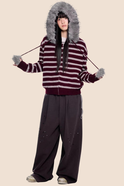 Fur Collar Striped Knit Cardigan