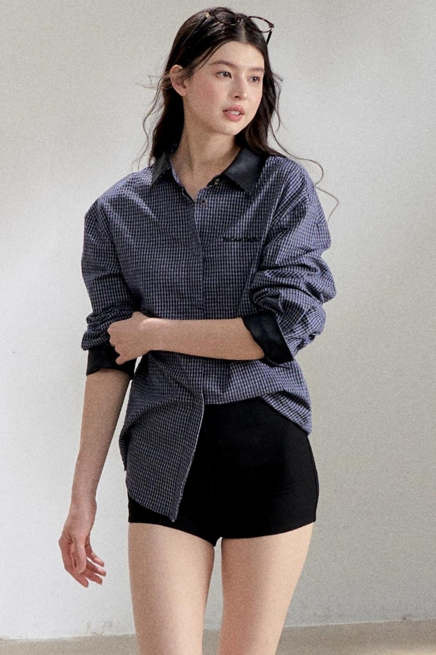 Navy Blue PU Leather Plaid Shirt