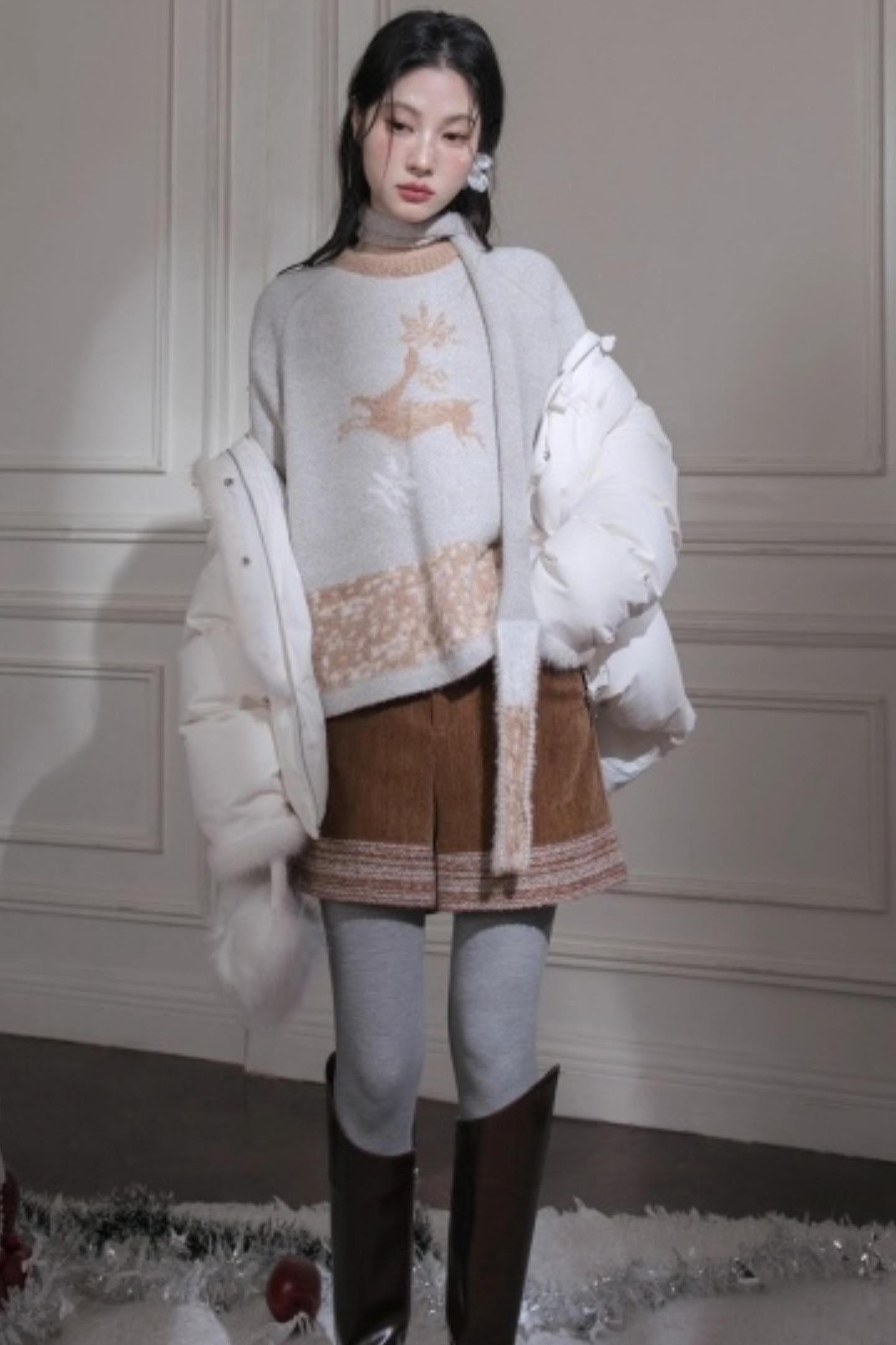 Snow Deer Faux Mink Sweater Scarf Set