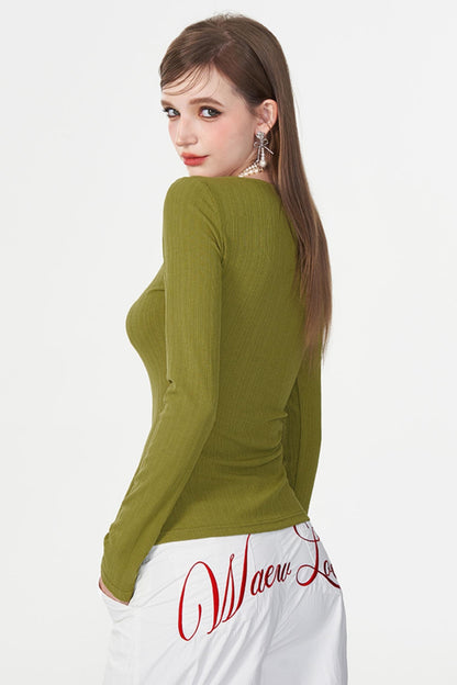 Color Beaded U-Neck Long Sleeve Tee