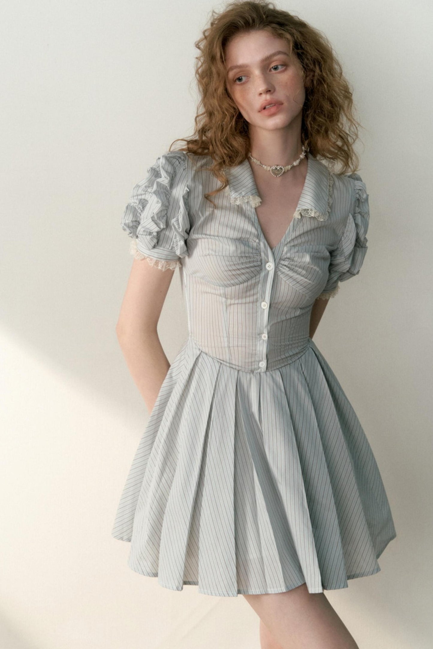 Blue Striped Bubble Sleeve Floral Pleated Dress