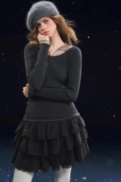 Lace Spliced Velvet Skirt