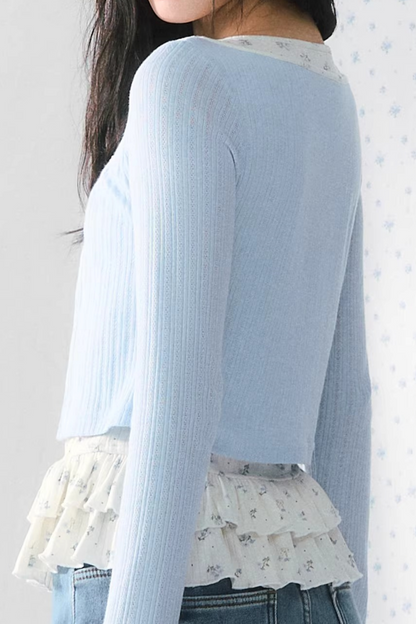 Blue Floral Knitted Ruffled Top