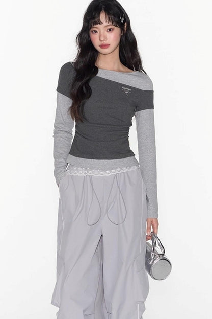 Slim Patchwork Long-sleeved Top