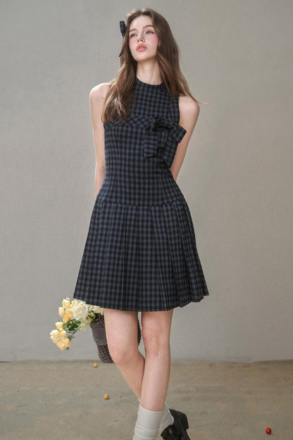 Elegant Bow Halterneck Check Pleated Dress