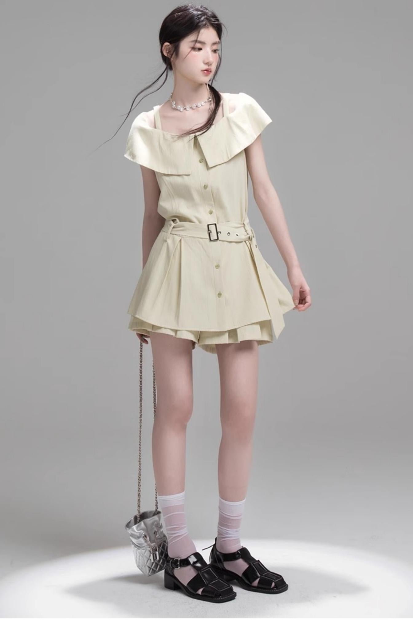 Layered Lime Green Belted Shirt & Pleated Shorts Set