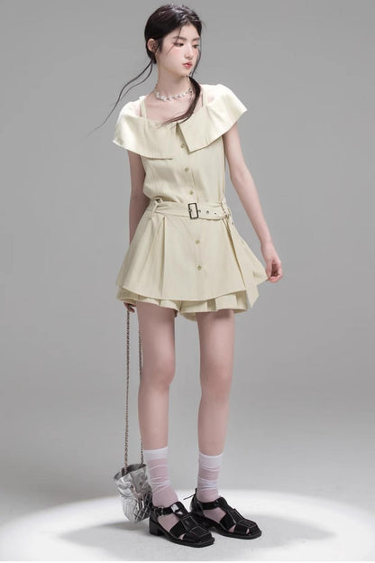 Layered Lime Green Belted Shirt & Pleated Shorts Set