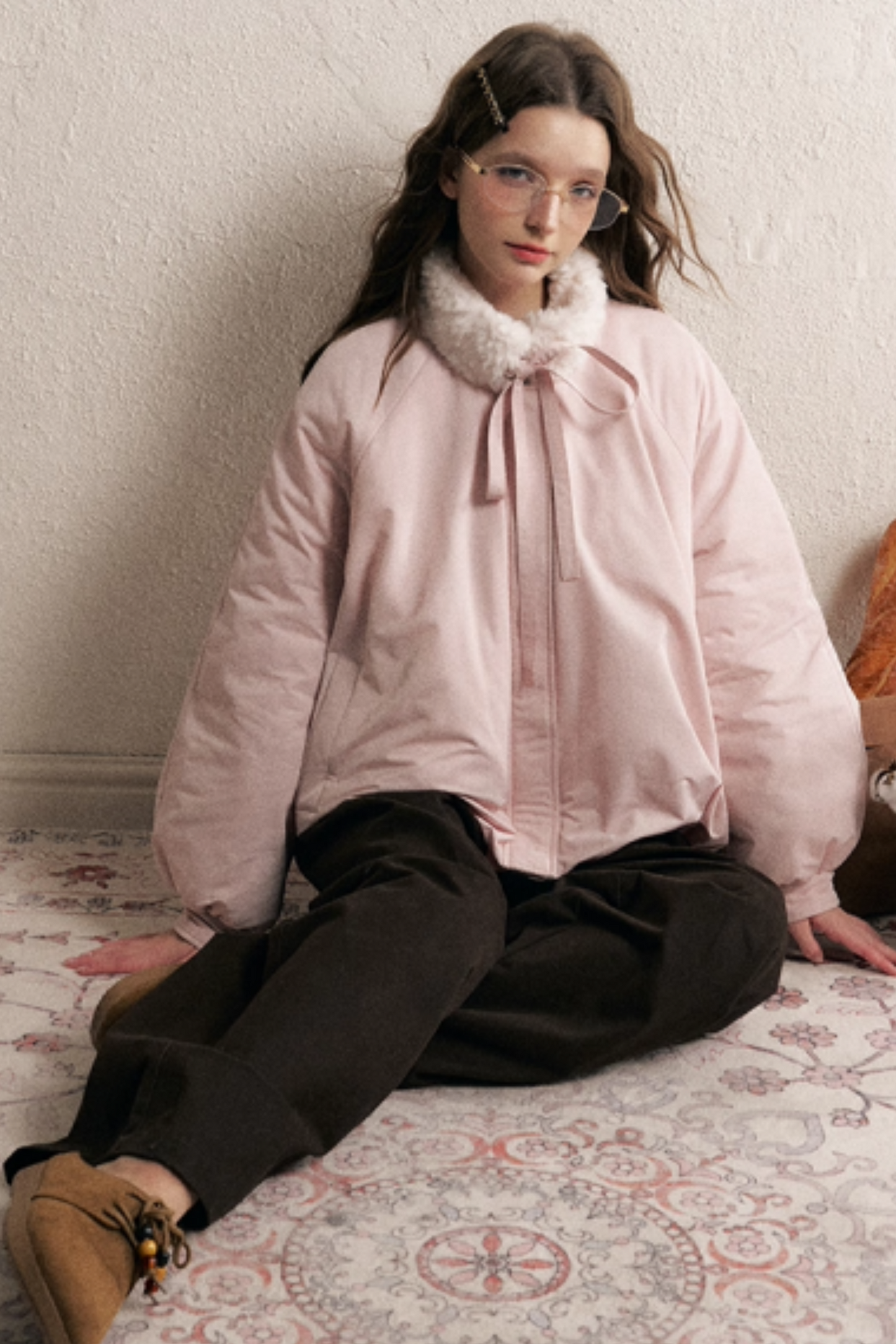 Pink Floral Fur Collar Jacket