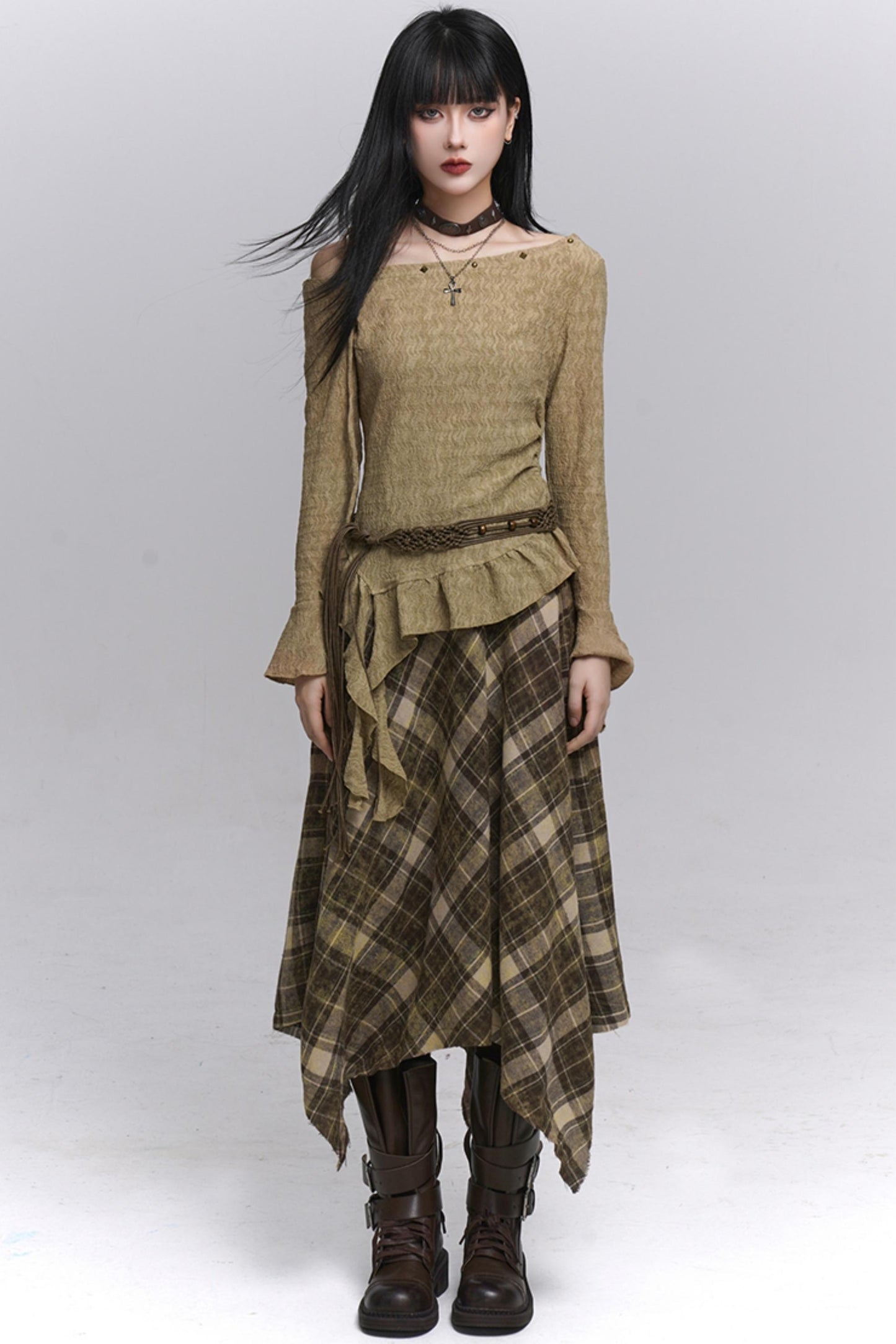 Beautiful Blue Plaid A-Line Skirt & Belt Set