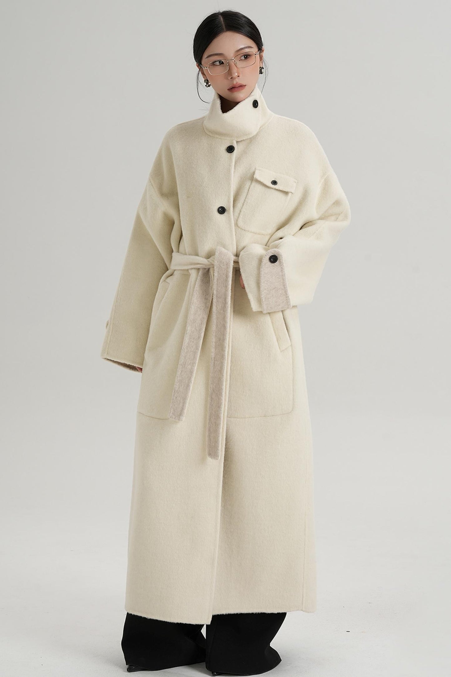 Temperament Design Color-Blocking Woolen Coat
