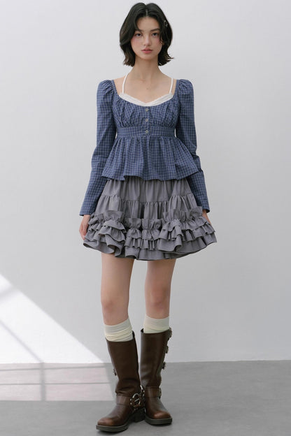 Vintage Check Square Neck Cinched Shirt