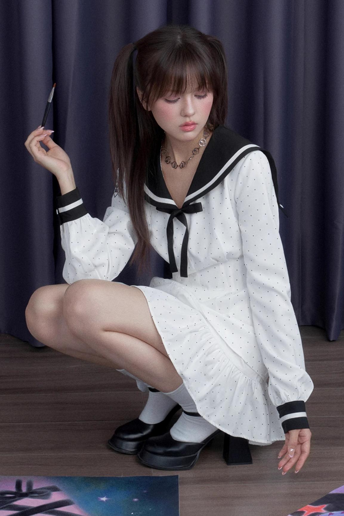 Polka Dot Sailor Neck Dress