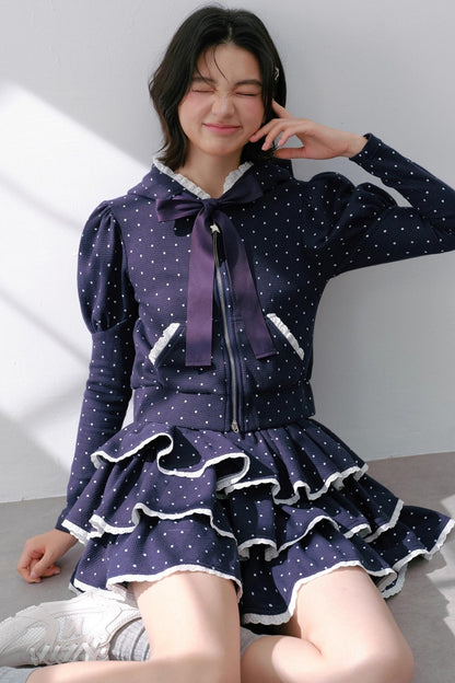 Hooded Polka Dot Tracksuit Skirt Set-Up