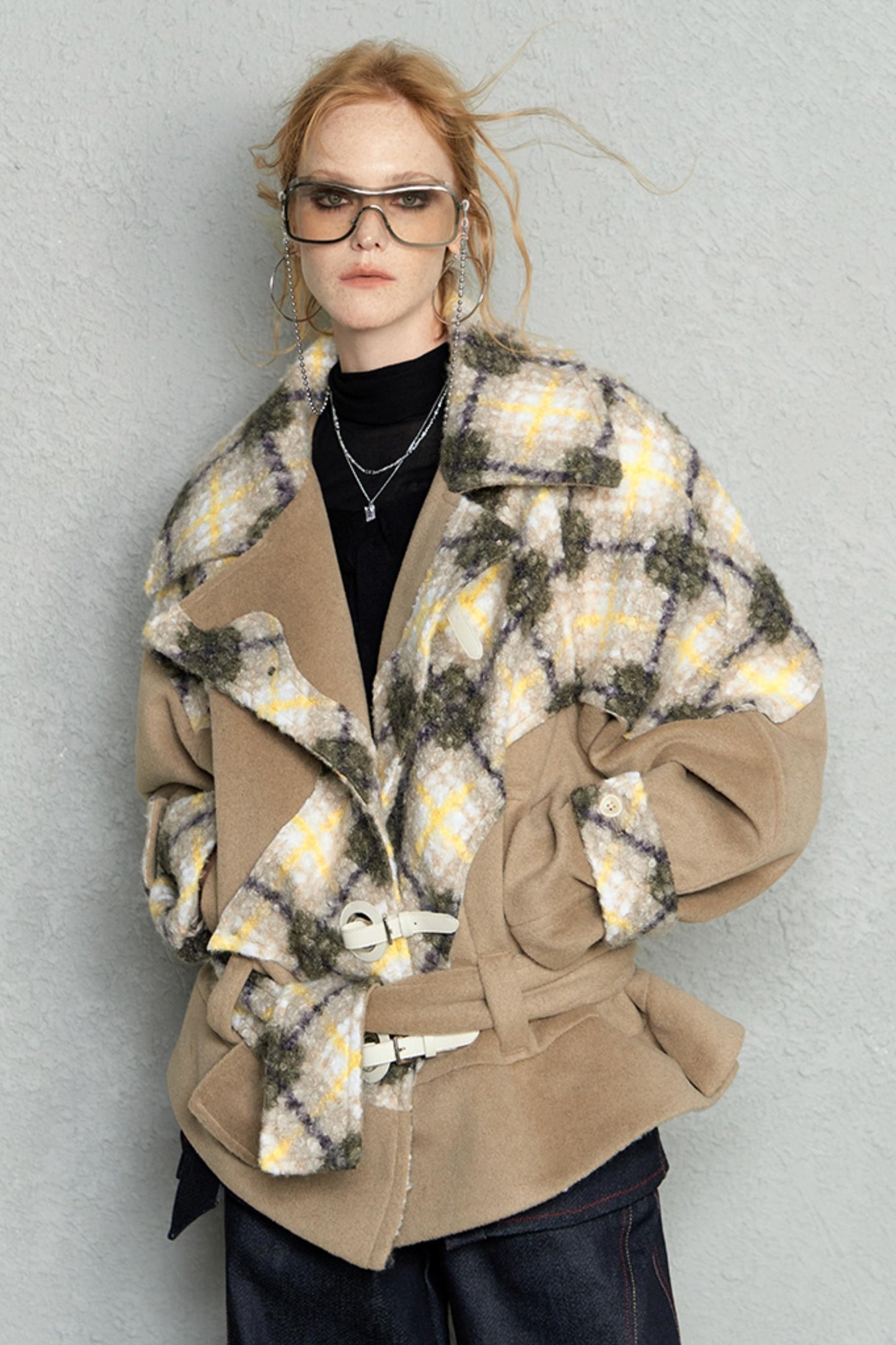 OVERSIZED CHECKED TWEED RAGLAN JACKET