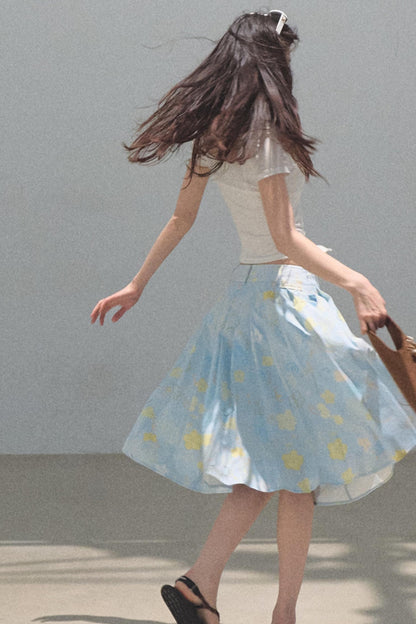 Running Waves Cotton Poplin Pleated Midi Skirt