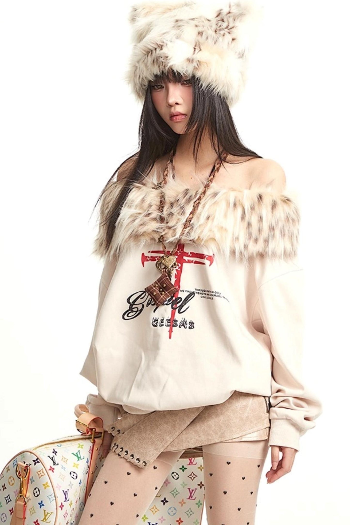 Vintage Apricot One-Shoulder Fur Collar Sweatshirt